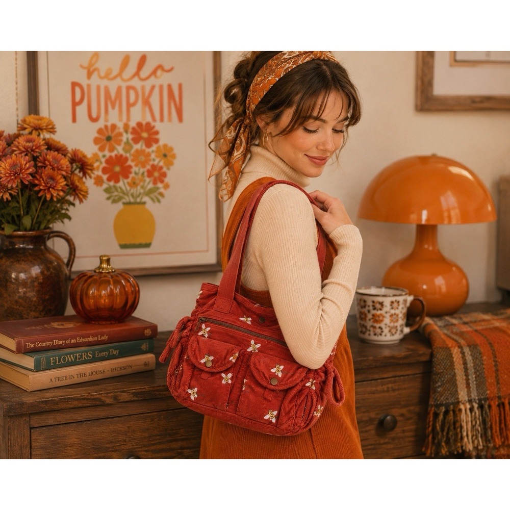 J.Crew Red Corduroy Embroidered Bee Shoulder Bag Y2K Multi Pocket Tote